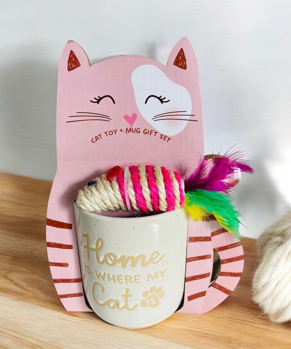 New Pink Home is Where My Cat Is 18oz Mug & Kitten Toy Coffee Tea Gift Set